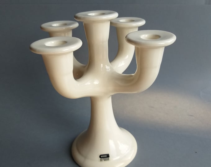 Guldkroken Hjo Sweden. Large White Glossy Glazed Five Arm Candelabra/ Candle Holder. Design Märta Grunditz. Vintage Scandinavian Pottery.