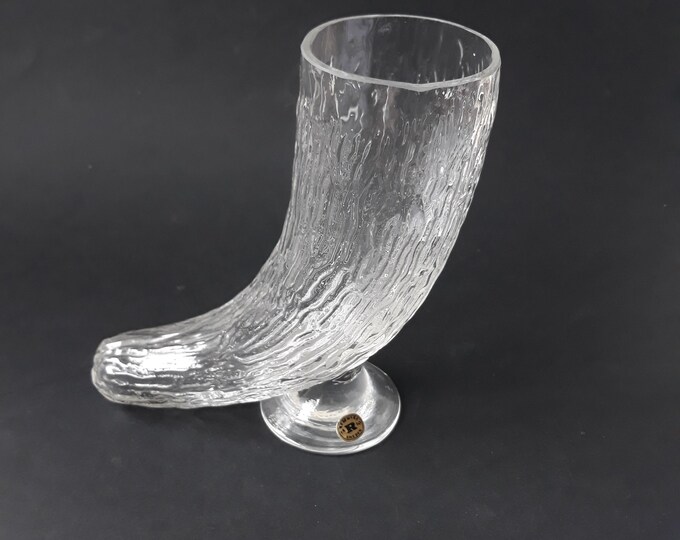 Reijmyre Sweden Clear Crystal Glass Horn Vase on Pedestal. Original Label. Swedish Vintage Glass Home Decor.