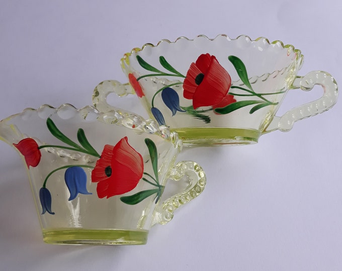 Vintage Light Green Pressed Glass Creamer and Sugar Bowl in Light Green Colour with Hand Painted Red Flowers. Beautiful Set.