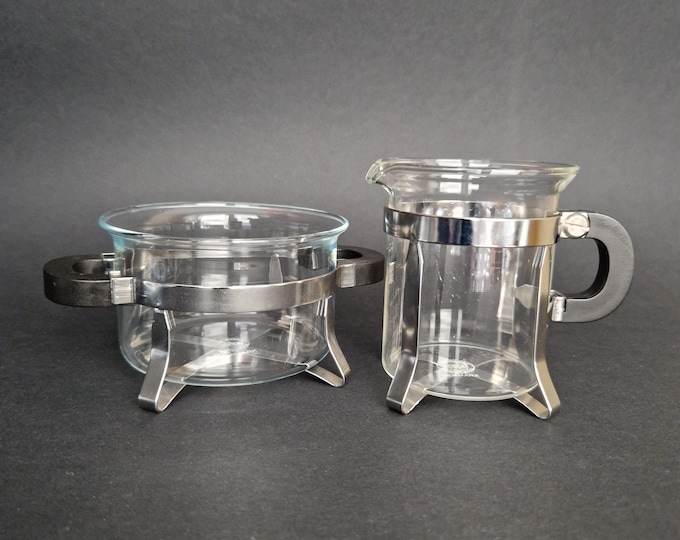 Vintage Bodum Sugar and Creamer Set. Marked Denmark. Glass, Stainless steel, Plastic. Retro Tableware from 80.