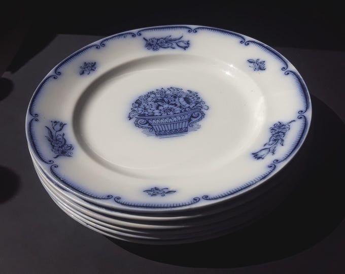 Set of 2 Gustavsberg Sweden Antique Gefion Pattern Salad Plates. Flow Blue Floral Plate. Kiln Marks. Crazing. Swedish Bone China. Marked.