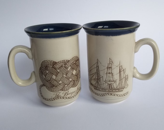 Churchill England. Set of Two Wonderful Ceramic Mugs. Nautical Theme. A sailing Ship and a Sailor's Knot are depicted on a Beige Tone Base.