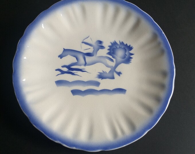 Antique Rorstrand Sweden Art Deco Plate on Foot Pedestal. White Base with Blue Colour Decor. Hunting View. Fully Marked. Swedish Tableware.