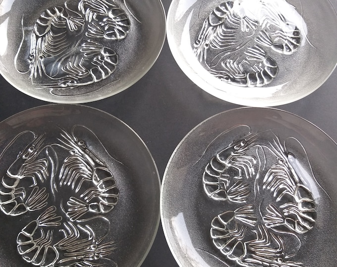 Pair of Vintage Frosted Glass Appetizer Plates. Lobster or Crawfish Design. Perfect Glass Plates for serving Seafood. Pasari Indonesia.