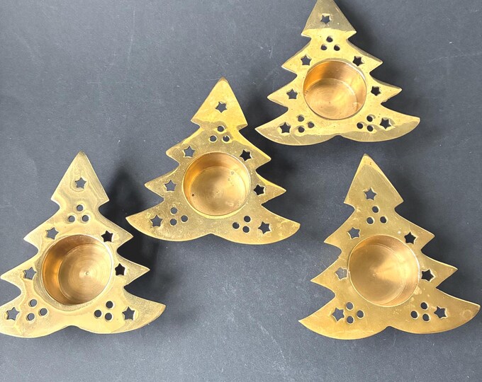 One Set of 4 Brass Tea Light Holders in Shape of Christmas Three.