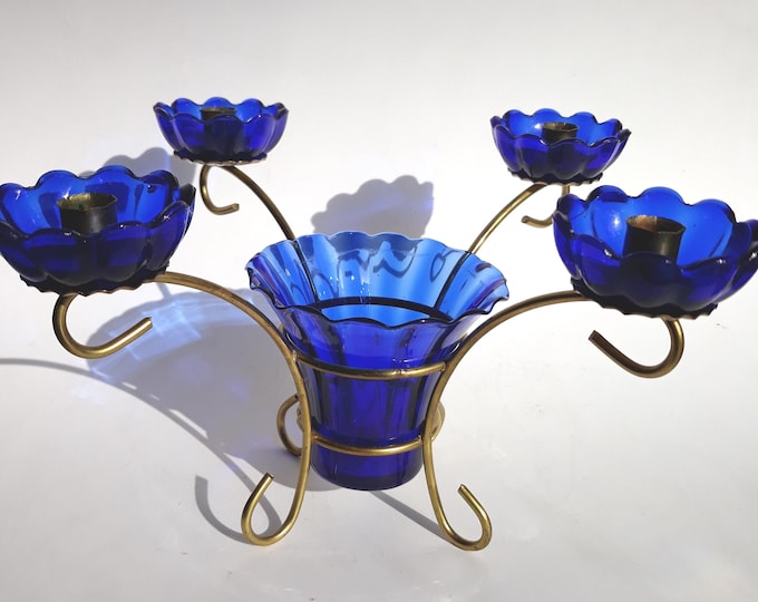 Sweden Candelabra Designed by Gunnar Ander for Ystad Metall. A Unique Combination of Metal and Cobalt Glass. Swedish Candle Holder from 50s.