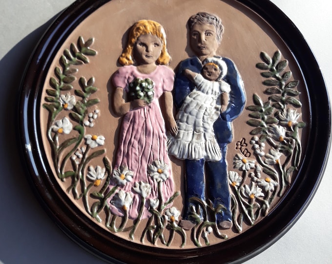 Rare Gabriel Sweden Large Wall Ceramic Plaque with Parents and a Baby. Floral Design. Round Shape. Marked. Swedish Vintage Home Decor 70s.