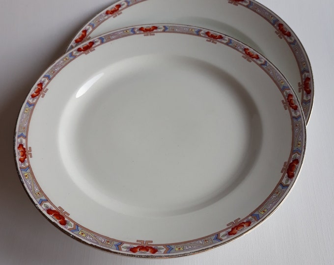 Set of 2 Opak Gustavsberg Sweden Antique Dinner Plates. Swedish Porcelain in Art Noveau Style. Nicely Decorated Rim. More than 100 Years Old