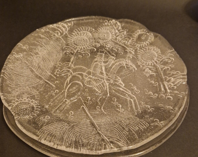 Vintage Kosta Boda Sweden Textured Crystal Glass Plate. Design by Goran Warff. Folkloric 'Dalom' Series. Scandinavian Horse and Rider.