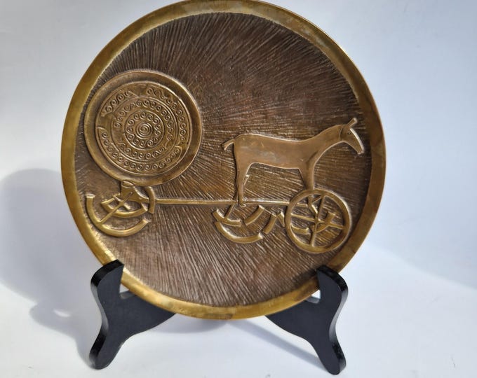 MCM Nordisk Malm Aedel Denmark Bronze Wall Plate. Trundholm Sun Chariot a significant artefact from the Nordic Mythology. Original Label.