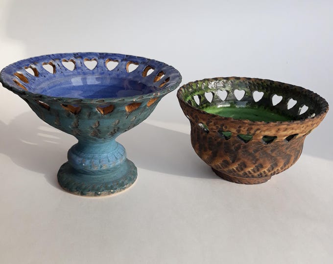 Set of 2 Tolla Keramik Sweden Studio Pottery Pieces. Bowls with Blue and Green Glaze. Heart Motif on the Border. Design by Marianne Lasson.