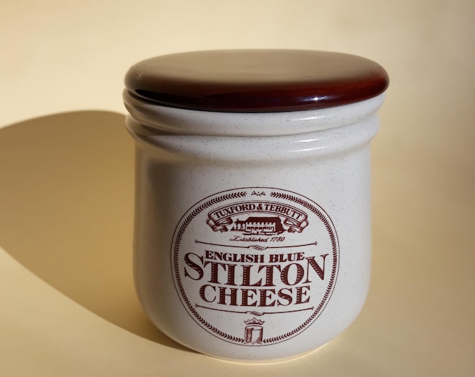 Vintage Fortnum & Mason English Blue Stilton Cheese Brown Stoneware Storage Canister, Container, Crock with Flat Brown Lid. Made in England.
