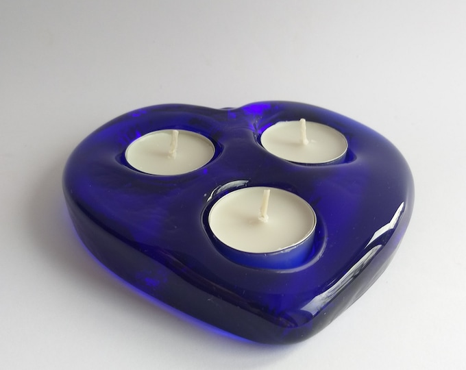 Beautiful Vintage Cobalt Blue Crystal Glass Tea Candle Holder from Sweden. Heart Shape. Heavy Solid Glass Piece. Scandinavian Glass.