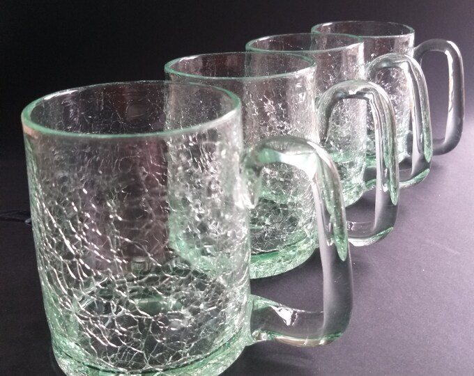 Pair of Crackle Glass Mugs in soft Green Hue. Vintage Glass. Scandinavian Glass. Perfect for Refreshing Summer Drinks.
