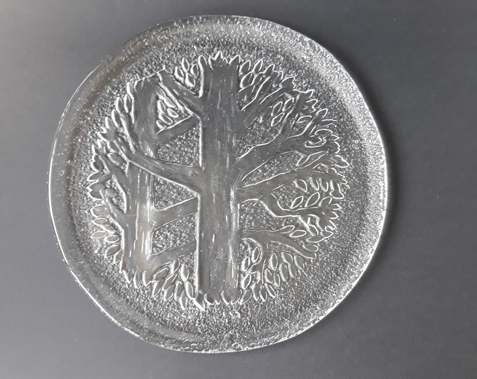 Vintage Pukeberg Sweden Crystal Clear Textured Dinner Serving Plate. Tree Pattern. Beautiful Scandinavian Design. Swedish Glass Tableware.