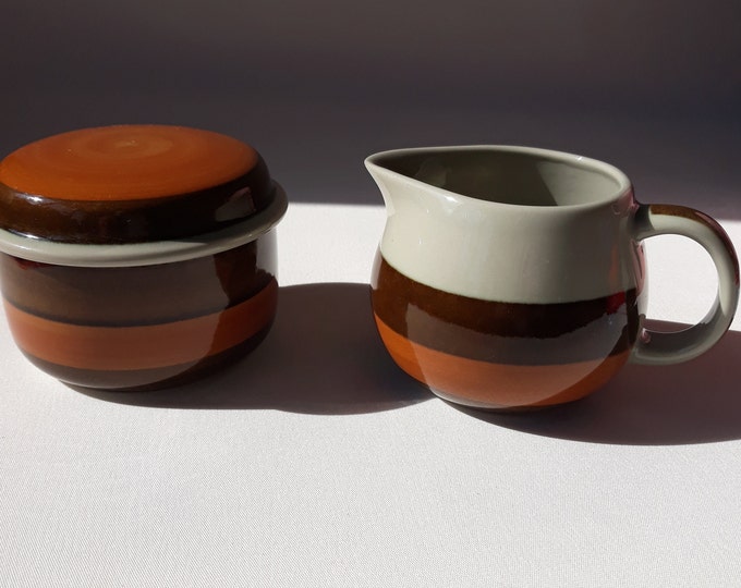 Set of Vintage Rörstrand Sweden Stoneware Sugar with Lid and Creamer in Annika Pattern. Brown Orange Colours. Design by Marianne Westman.