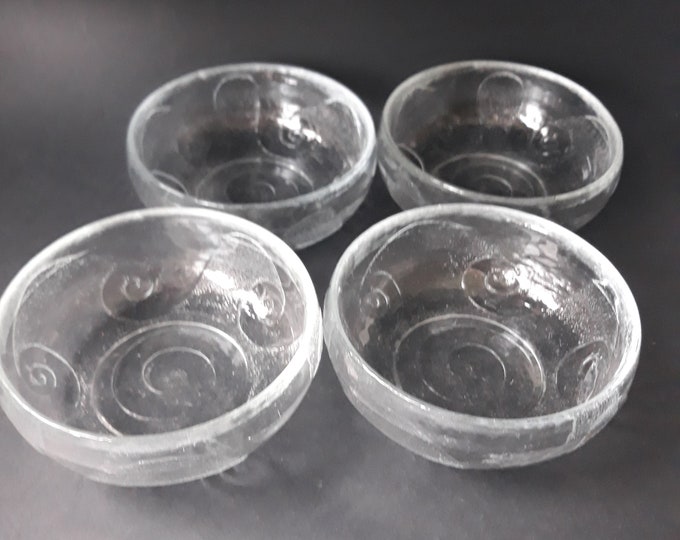 Set of Four Vintage Textured Clear Glass Bowls. Wave Motif. Retro Tableware.