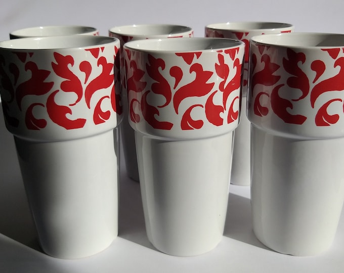 Mique Sweden. Set of Two  Ceramic Tumblers/ Mugs. White Base with a Red Plant Motif Pattern Around the Border. They Have Some Weight.