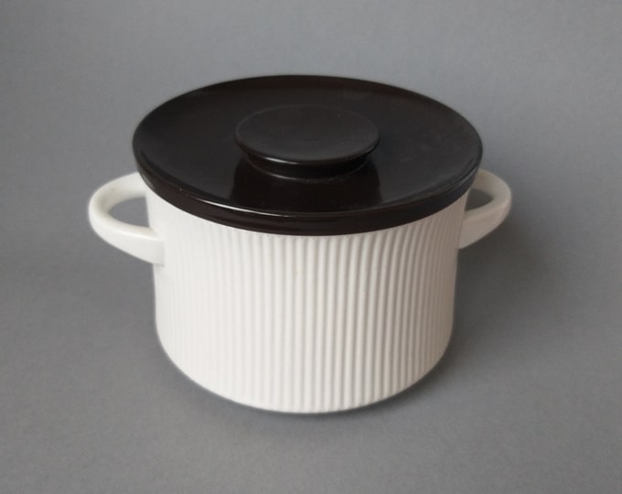 Vintage Rosenthal Thomas W. Germany Flammfest White Ribbed Pot, Dish with Chocolate Brown Lid. Mid Century Modern Minimalist Cookware.
