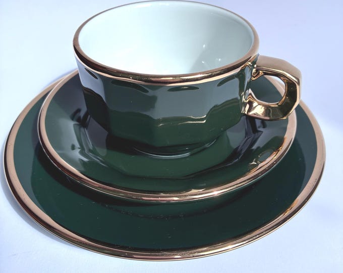 One Vintage Pillivuyt France Porcelain Cup, Saucer and Desert Plate. Dark Green with Gold Trim. French Tableware. Marked. Used.