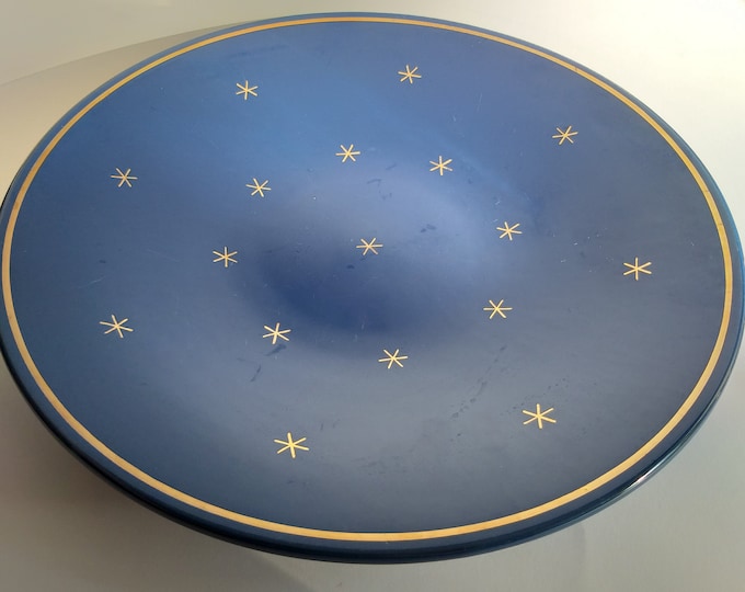 Nittsjo Keramik Sweden Large Festive Plate Glazed in Blue Colour. Gold Atomic Star Decor. Vintage Swedish Pottery. Nice for Christmas Table.