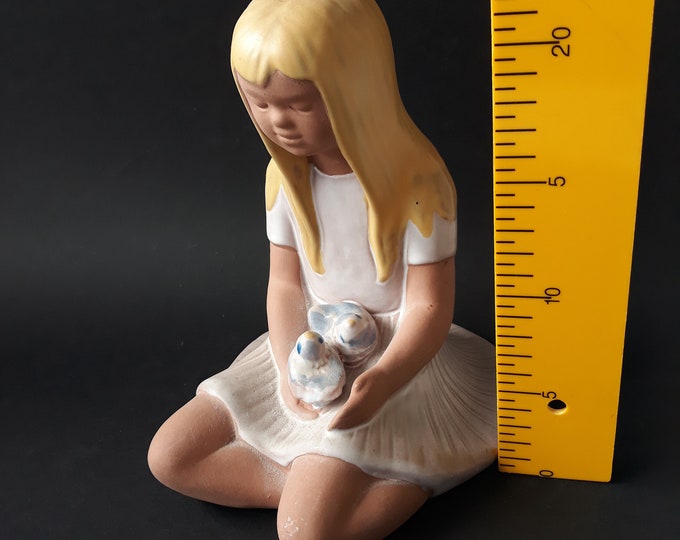 Jie Gantofta Sweden. XL and Beautiful Ceramic Sculpture. Sitting  Blonde Girl with Blue Birds. Swedish Vintage Pottery from 70s. Collectable