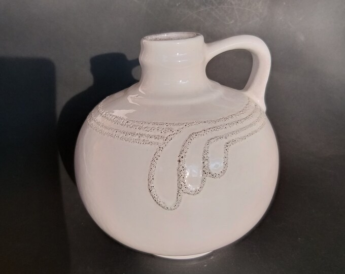 Strehla GDR Germany. Vintage Ceramic Vase with Handle. White with Circles around. Mid Century Modern Style Pottery. Vintage Home Decor.