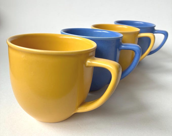One Set of 4 Vintage Hoganas Keramik Sweden Stoneware Cups Mugs in Blue and Yellow Colour Glaze. Marked. Swedish Tableware.