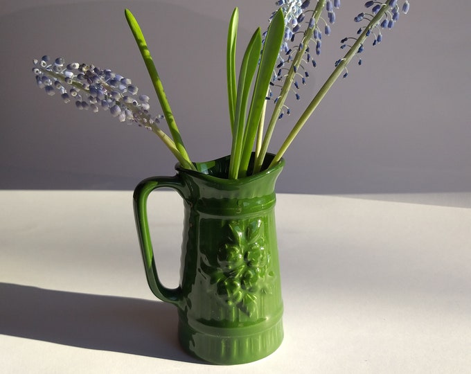 Guldkroken Hjo Sweden. Small Glossy Glazed Green Vase with Floral Pattern Relief on Side for Spring Flowers. Vintage Scandinavian Pottery.