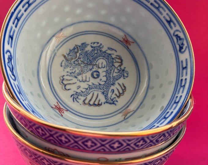 One Set of 3 Vintage Jingdezhen Porcelain Bowls. Traditional Rice Grain Technique. Red Floral Pattern. Blue Geometric Border  and Gold Rim.