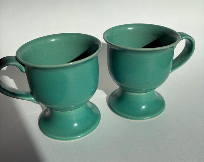 One Set of 2 Höganäs Keramik Sweden Green Colour. Footed Stoneware Cups. Vintage Swedish Mugs. Scandinavian Retro Tableware. Marked.