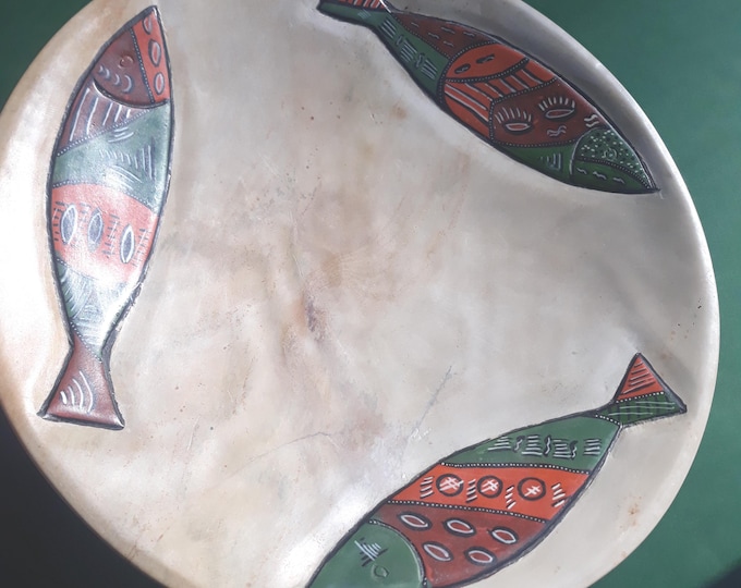 Large Ceramic Bowl Plate in Beige Colour with Hand Painted Colourful Fish Decor. Vintage Home Decor.