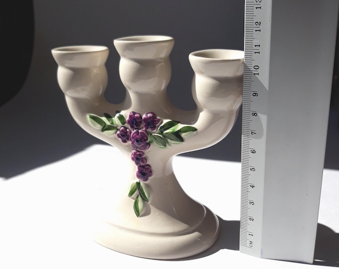 Rosa Ljung Sweden. Small Three Arm Ceramic Candle Holder Candelabra. Ecru Base, Purple, Green Flower Relief Decor. Vintage Swedish Pottery.
