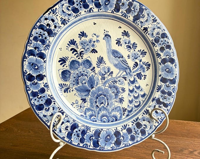 Original Delft Holland Blue Dutch Delftware Decorative Plate. Hand painted Peacock, Flowers. Marked. Beautiful Wall Plate.