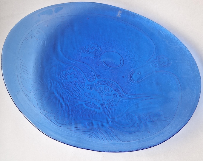 Johansfors Glasbruk Sweden Large Bowl Platter in Transparent Blue Colour. Reliefs of Sea Creatures. Streamlined Oval Shape. Original Label.