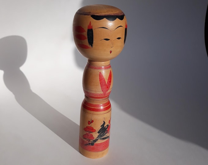 9.5" Traditional Yajirou Kokeshi by Ogura Katsushi. Vintage Japanese Wooden Kokeshi Dolls are Symbols of good Luck, Health and Prosperity.