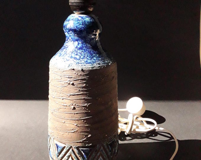 Vintage Tilgman Keramik Sweden Lamp Base. Semi Glazed, Ornamented Swedish Ceramic Lamp Base. Blue Glossy Glaze. Rough Brown Textured Surface