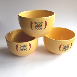 Two Sagaform Vintage Sweden Stoneware Tex Mex Bowls. Bright Yellow with Chilly Pepper Decor. For Mexican Food - Taco Sauces.