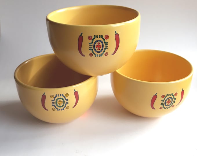 Two Sagaform Vintage Sweden Stoneware Tex Mex Bowls. Bright Yellow with Chilly Pepper Decor. For Mexican Food - Taco Sauces.