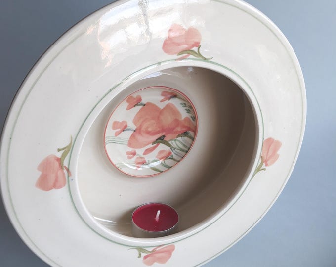 Vintage Ceramic Wall Hanging Tea Light Holder Sweden. Hand Made, Hand Painted. Beautiful Pink Floral Design. Artist Signed. Nice Home Decor.