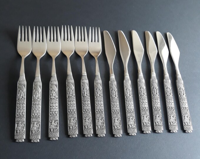 Norwegian Pewter Konge Tinn Flatware. Scandinavian Modern Style. 12 Piece Set. Pewter & Stainless Steel. Unique Motif tribute to King Olaf.