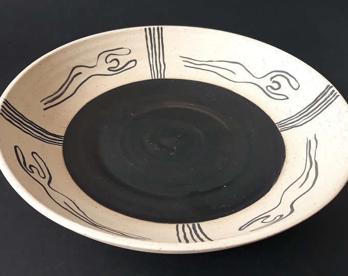 Stoneware Bowl with Matte Black Glaze Finish in Center of Bowl. Hand Painted. Silhouettes of Floating Women. Studio Pottery Piece. Signed.