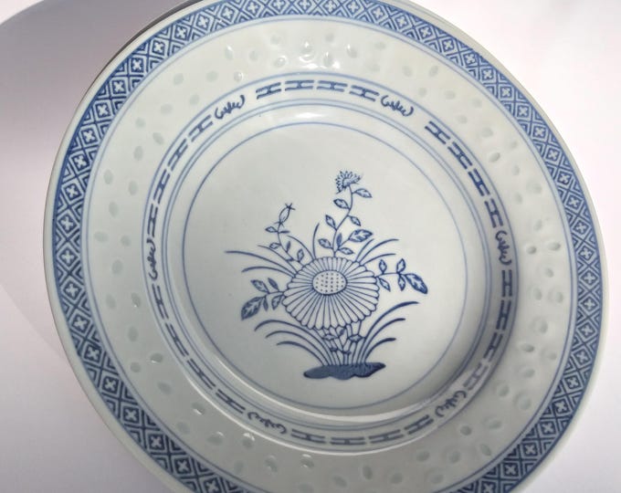 Jingdezhen 22.5 cm (8.85”) Large Rice Porcelain Deep Soup Plate. Hand Made Chinese Rice Grain Lotus Flower Pattern Porcelain Plate.