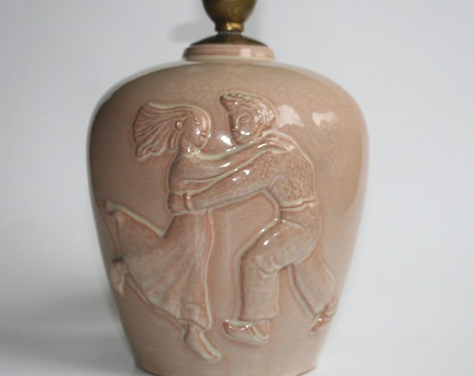 Swedish Beautiful Laholm Ceramic Table or Bed Side Lamp.  50. ties Pottery. A Dancing Couple in the Relief. Mid Century.