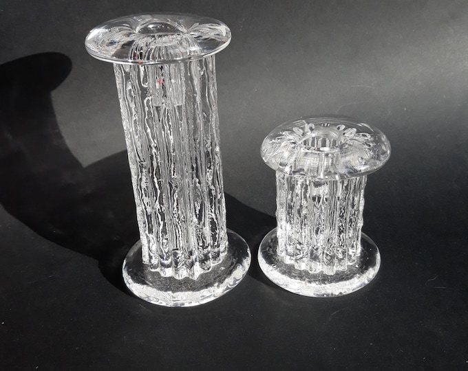 Pair of Vintage Kosta Boda Sweden Clair Textured Crystal Glass  Candlesticks 'Rurik' - Greek Style Columns. Designed by Ann and Göran Warff.