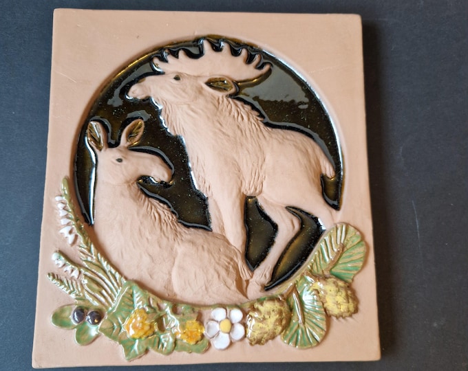 Jie Gantofta Sweden. Ceramic Wall Hanging, Plaque, Decoration. Solveig Ueltzhöfer-Nyqvist no. 213. Brown Glazed Base, with Moose reliefs.