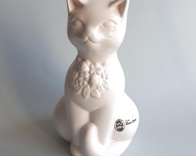 Rosa Ljung  Sweden. Beautiful White Large Ceramic Cat Figure. Flower Relief Pattern. Swedish Home Decor From 70s. Retro Scandinavian Design.