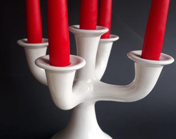 RB Alcobaca Portugal Porcelain Five Arm Candelabra, Candleholder in White Glaze. Vintage Home Decoration.