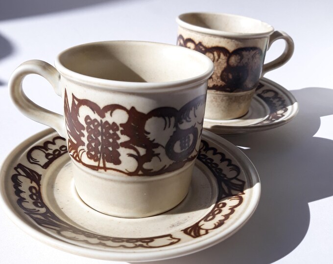 2 Duo Sets Porsgrund Norway Ceramic Cup and Saucer in Pattern Troll. Designed by Eystein Sandnes. Norwegian Vintage Tableware from 1970s.