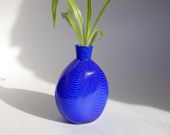 Vintage Hand Blown Small Vivid Blue Colour Glass Vase with White Swirls. Mid-century Modern Style. Perfect for first Spring Flowers.